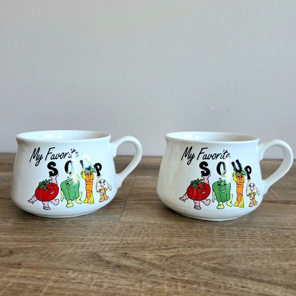 Pair of Vintage Giftco My Favorite Soup Retro Ceramic Soup Mugs With Handles. - Picture 1 of 4